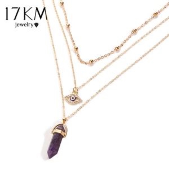 Gold  Quartz And Evil Eye Necklace Choker Set - Picture 6 of 8